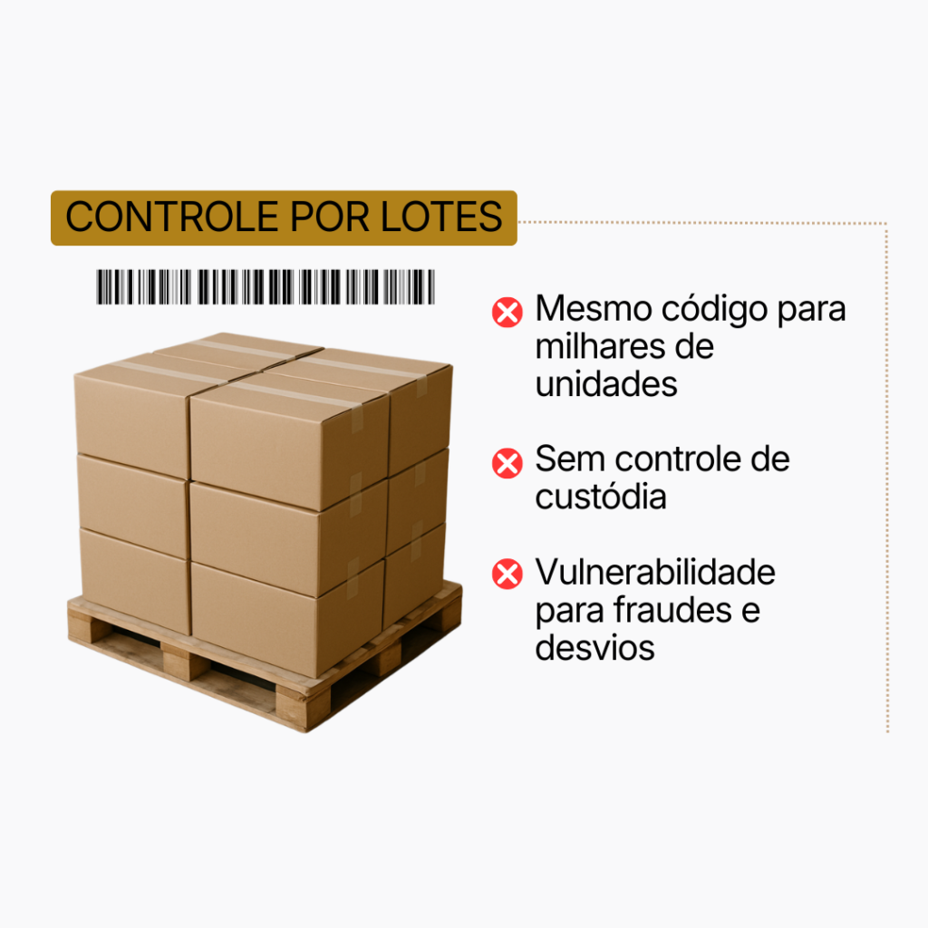Controle por lotes. Pontos negativos: Mesmo código para milhares de unidades; Sem controle de custódia; Vulnerabilidade para fraudes e desvios.